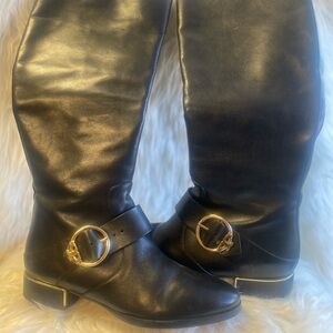 Tory Burch Black Leather Over the Knee Boots with Gold Accents